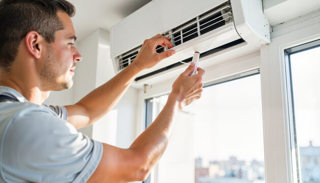 Man adjusting air conditioner unit while standing by window indoors  