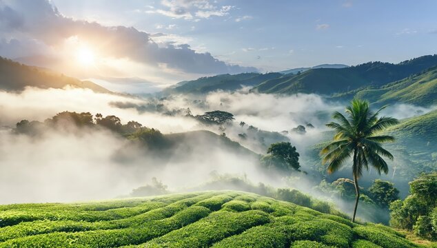 Sunrise over misty green hills with tea plantations and a lone palm tree creating a serene and lush landscape.