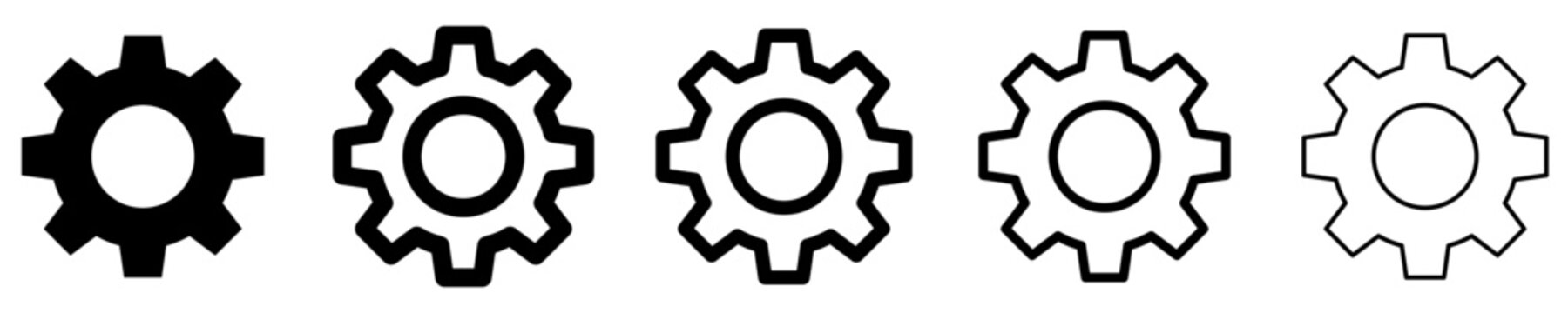Set of linear gear icons with different stroke weights. Minimalist symbols for settings, mechanism, and technical support. Vector illustration.