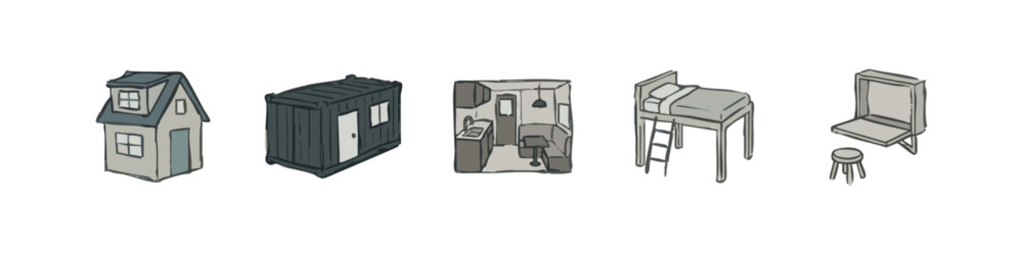 Tiny house and container living home icon set