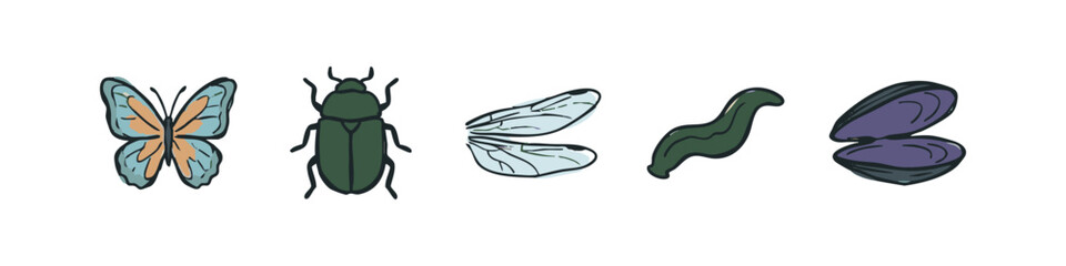 Hand-drawn icons of a butterfly, beetle, wings, slug, and mussel. © liubomir118809