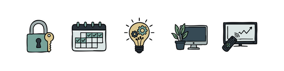 Collection of 5 hand-drawn icons for security, planning, and business. © liubomir118809