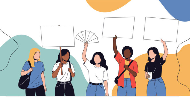 Group of diverse young women participate in a peaceful protest while holding blank white signs for custom messages and social activism.