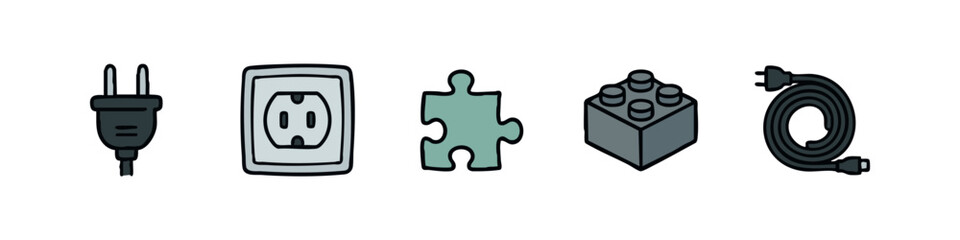 Electrical and Construction Icons: Plug, Outlet, Puzzle Piece, Brick, Cable © liubomir118809