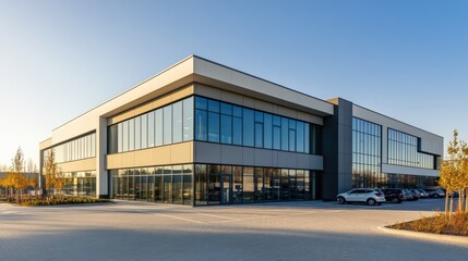 Fototapeta premium Modern office building with glass facade and parking lot at sunset