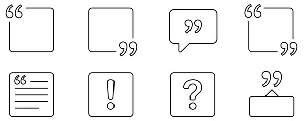 Obraz premium Set of linear icons for text formatting: quote frames, text blocks, question and exclamation marks. Minimalist interface elements. Vector illustration.
