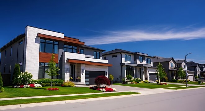 Contemporary gray and white multilevel suburban homes with orange accents and landscaped lawns under clear blue sky