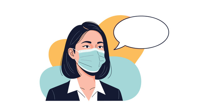 Businesswoman wearing a surgical face mask looks to the side with an empty speech bubble for text against a colorful abstract background.