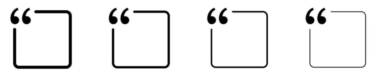 Obraz premium Set of linear quote frame icons with different stroke weights. Minimalist templates for testimonials and text blocks. Vector illustration.