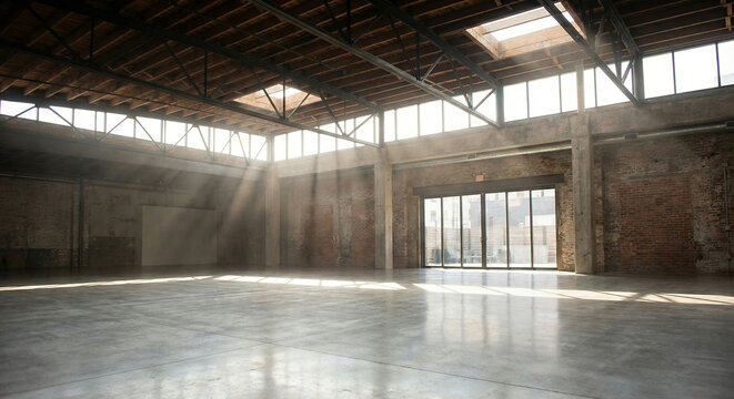 Sunlight streams through the skylights and large windows of an empty industrial loft space, illuminating dust motes in the air and casting geometric patterns
