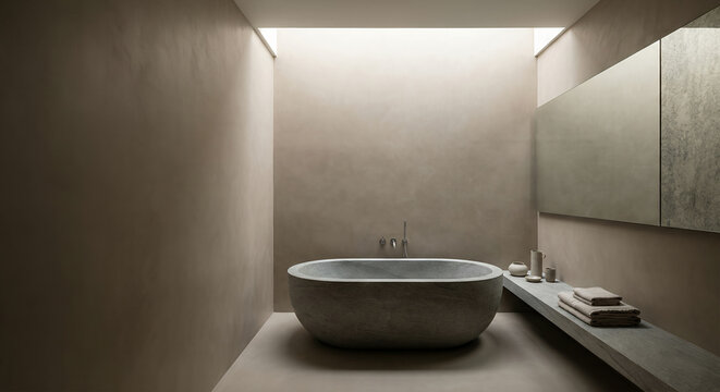 A modern bathroom with a stone bathtub, a shelf with folded towels, and a large mirror.