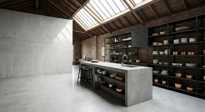 A modern, industrial-style kitchen with a concrete island, exposed brick walls, and a sloped ceiling with skylights.