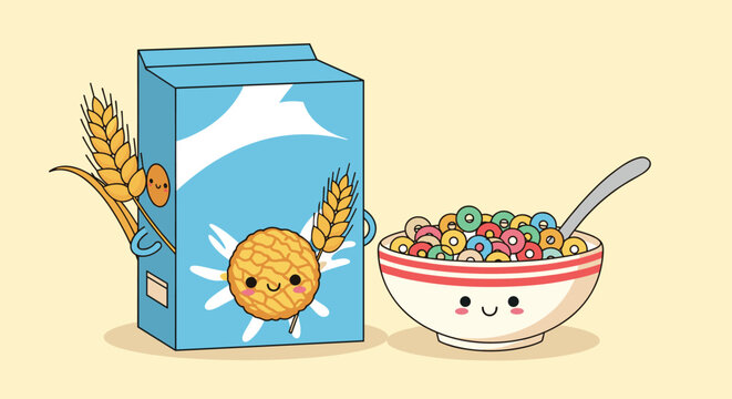 Adorable cartoon cereal box and bowl of colorful loop cereal with cute smiling faces in a charming kawaii illustration style.