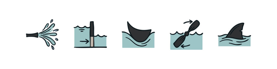 Water-related icons: water spray, water level gauge, fin, propeller, shark fin. © liubomir118809