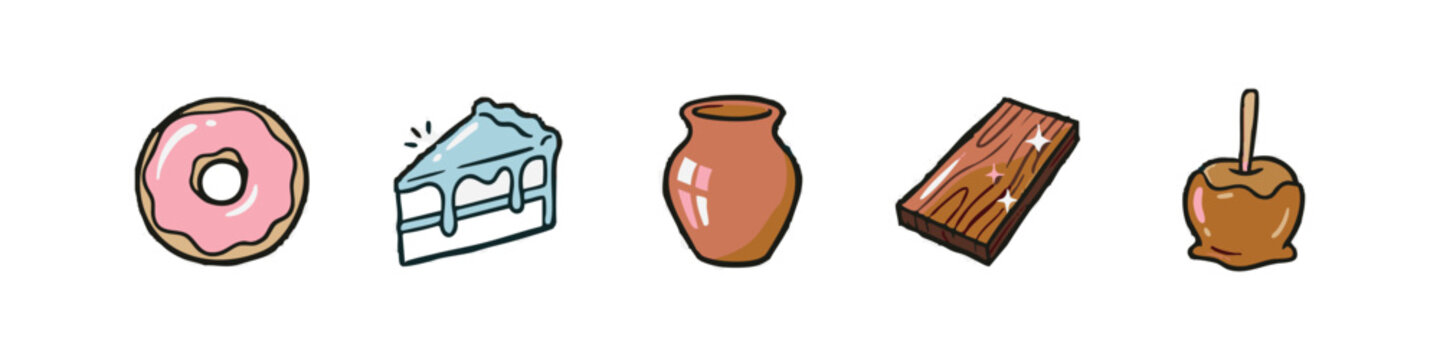Dessert and construction items: donut, cake slice, vase, wooden plank, candy apple.
