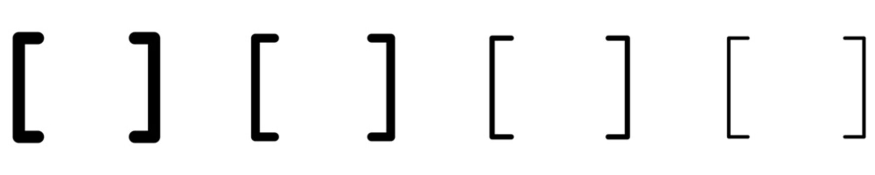 Set of linear square bracket icons with different stroke weights. Minimalist graphic elements for text formatting, code, and mathematical expressions. Vector illustration.
