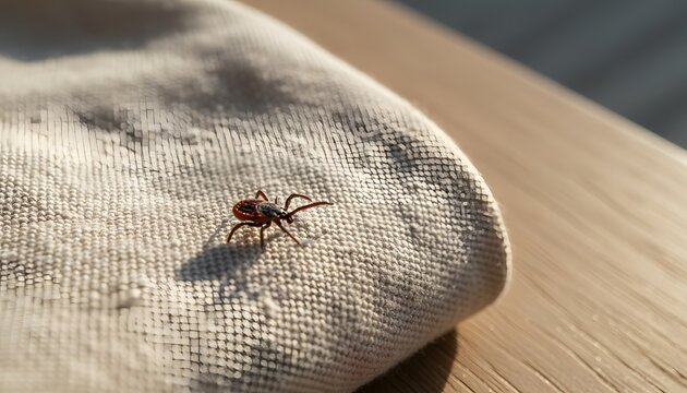 Dangerous tick ixodes crawling on fabric of a person wearing long sleeves outdoors for a tick season start prevention health concept, showing lyme disease risk and parasites