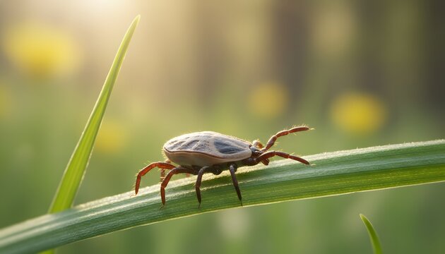 Tick crawling on a blade of green grass in the forest for start of tick season concept, macro view of parasite insect ready to bite, danger of lyme disease and infection risk