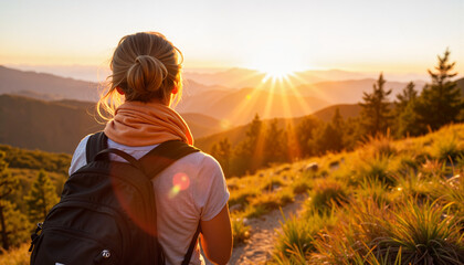 Naklejka premium Contemplative hiker watching sunset over mountains, connection with nature