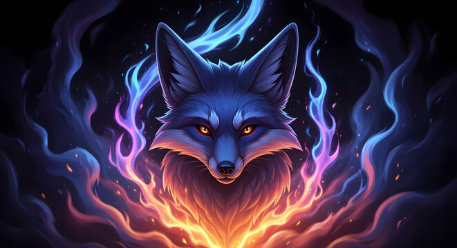 Mystical fox portrait with glowing blue and orange fire flames on a dark background
