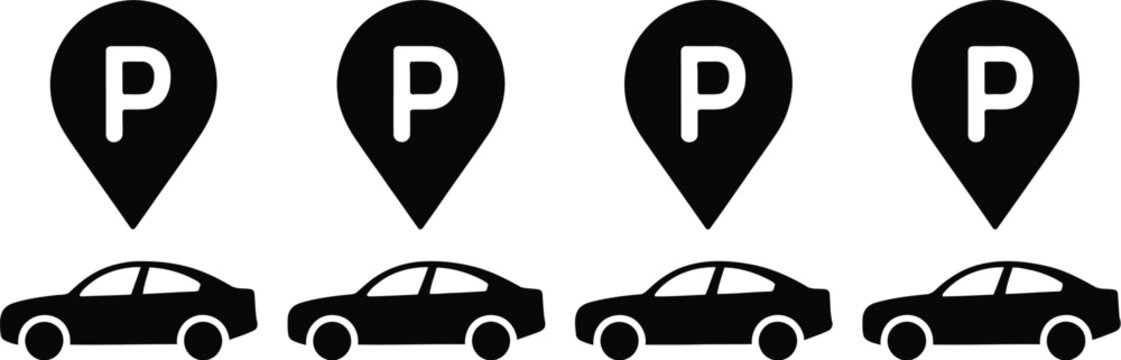 Parking location icon, clean flat vector of car position marker representing GPS navigation parking area and map location symbol for digital UI projects.