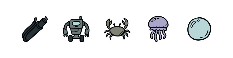 Ocean and robot icons: narwhal tusk, robot, crab, jellyfish, pearl © liubomir118809