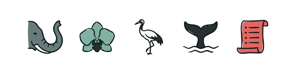 Fototapeta premium Wild Animals and Nature Icons - Elephant, Orchid, Crane, Whale Tail and Scroll Document
