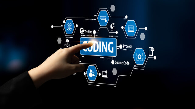 A digital interface showcasing coding concepts with touch interaction. Perfect for representing software development, programming, and technology innovation. Tessel