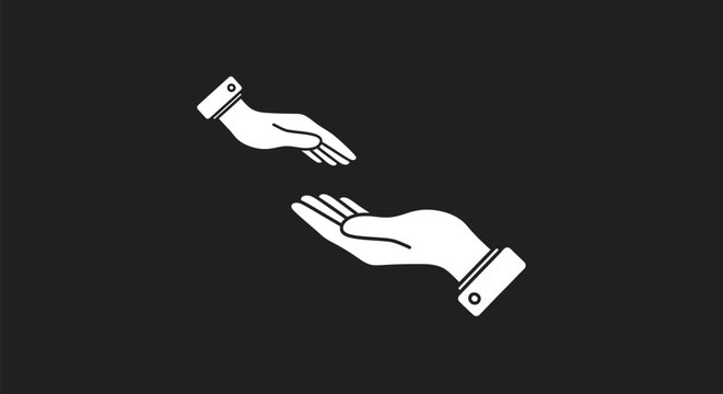 Stylized graphic illustration depicting two human hands reaching out to each other for connection, help, or transaction against a dark background.