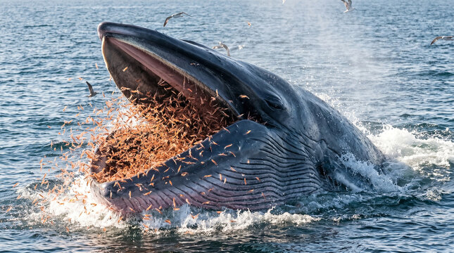 A dynamic action shot of a Blue Whale surfacing with its mouth agape at a 45-degree angle, engulfing a massive swarm of krill. Thousands of tiny orange crustaceans are visible in the air and water,