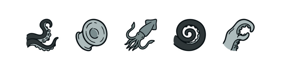 Five cartoon-style marine life icons: tentacles, shell, squid, spiral. © liubomir118809