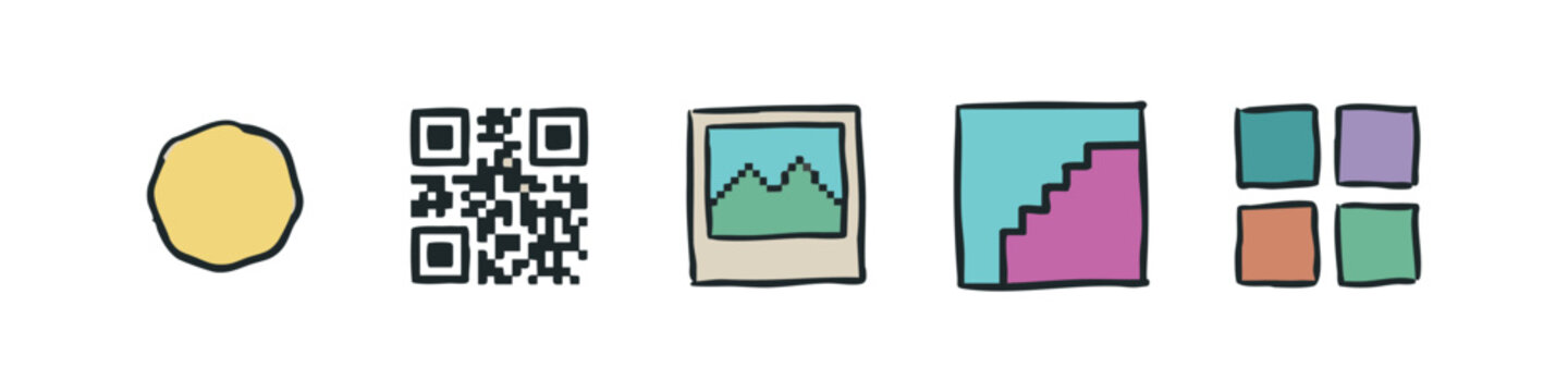Digital and data icons: blob, QR code, photo, graph, blocks