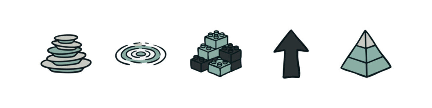 Set of hand-drawn abstract and building block icons on a white background.