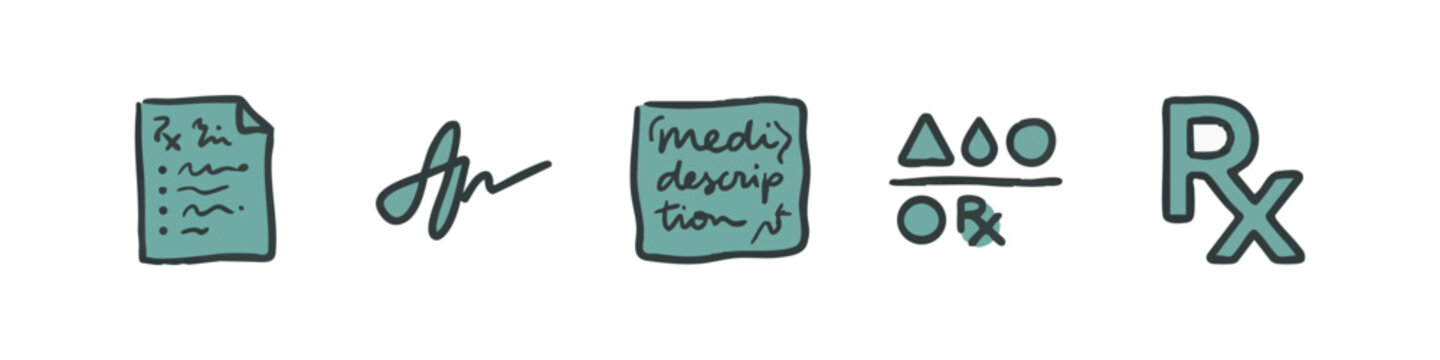 Colored prescription icons: document, signature, prescription, medical formula, rx symbol.