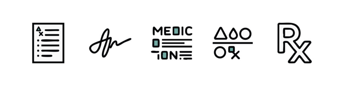 Icons related to prescription and medicine: document, signature, medication, medical formula, rx symbol.