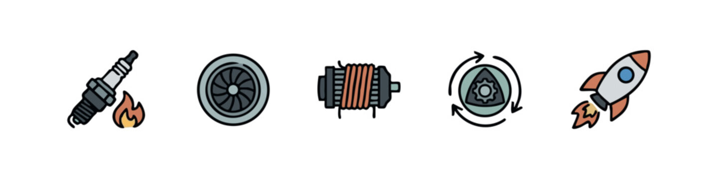 Car engine and power icons: spark plug, fan, coil, rotation, rocket.