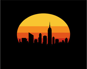 Obraz premium City skyline silhouette illustration with tall buildings, pointed spire, vibrant sunset gradient, orange yellow red hues, minimalistic design, and modern urban sunset landscape concept