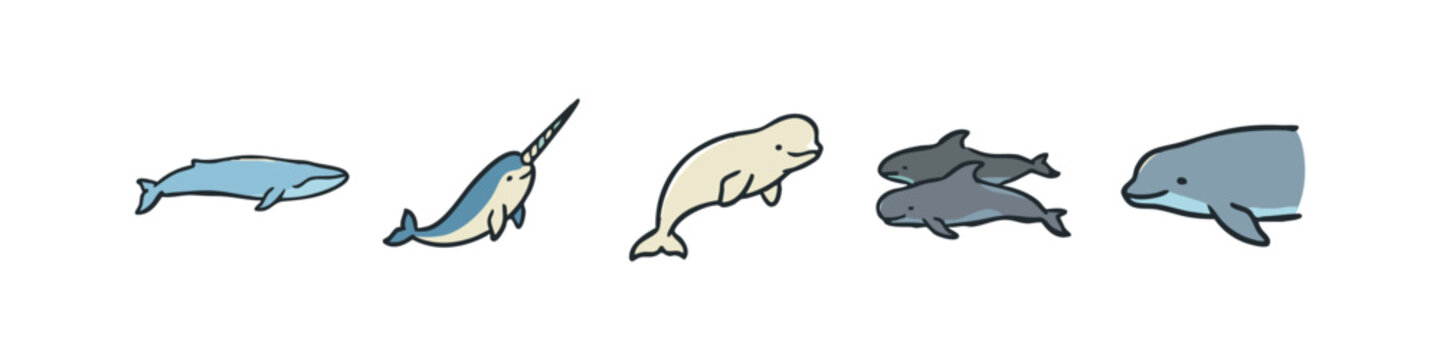 Ocean mammal icons: whale, narwhal, beluga, dolphins
