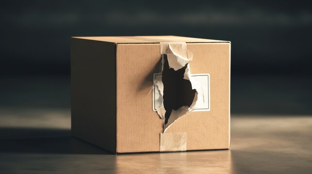 Damaged cardboard shipping box with torn tape