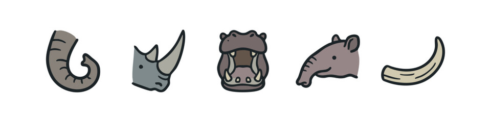African animal part icons: elephant trunk, rhino horn, hippo mouth, tapir snout, tusk © liubomir118809