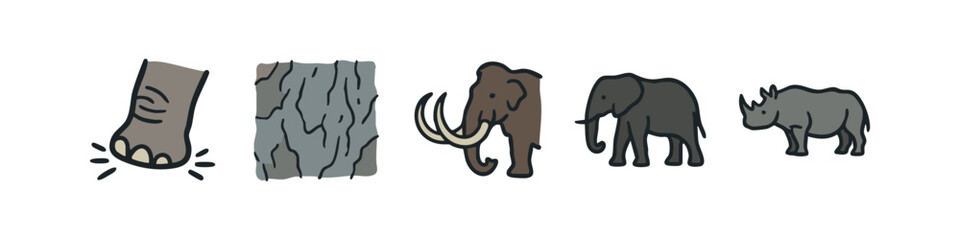 Prehistoric and modern large animal icons: mammoth, elephant, rhino © liubomir118809