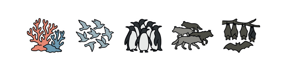 Naklejka premium Animal group icons: coral, flock of birds, penguins, wolves, bats