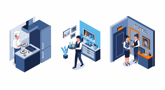 Professional chef waiter and hotel receptionists working together in the global hospitality and service industry