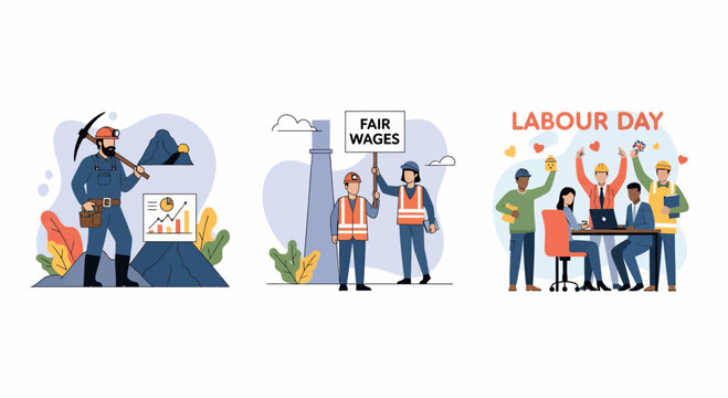 A worker labor day set with mine fair wage law and work man big joy
