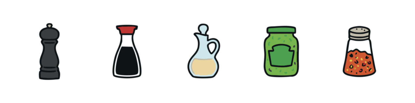 Condiment and seasoning icons: pepper mill, soy sauce, olive oil, relish, spice shaker