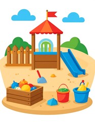 Obraz premium Cartoon playground with slide, sandbox, and playhouse on white background