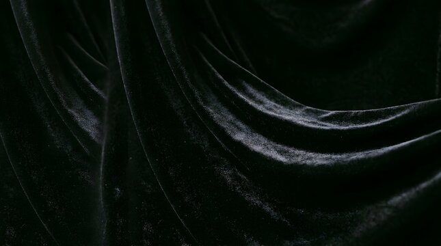 Luxurious black velvet fabric draped elegantly in soft studio lighting, creating rich texture and deep shadows, perfect for backgrounds or luxury themes.