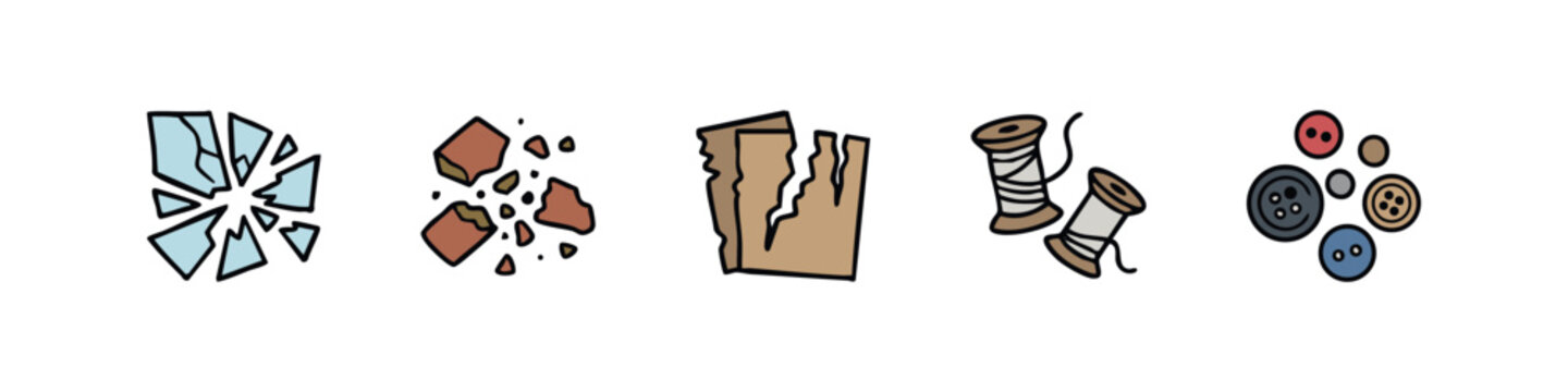 Collection of broken items and sewing materials including glass, brick, paper, thread and buttons in doodle style.