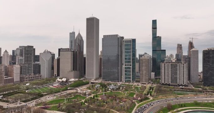 Aerial Drone View of Maggie Daley Park and Chicago Skyline Along Lake Shore Drive on an Overcast Day &ndash; Downtown Chicago Illinois USA April 15, 2026