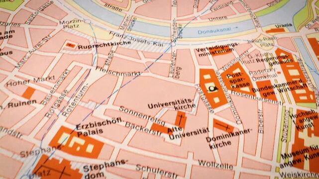 sliding camera movement over road map showing Vienna, Austria